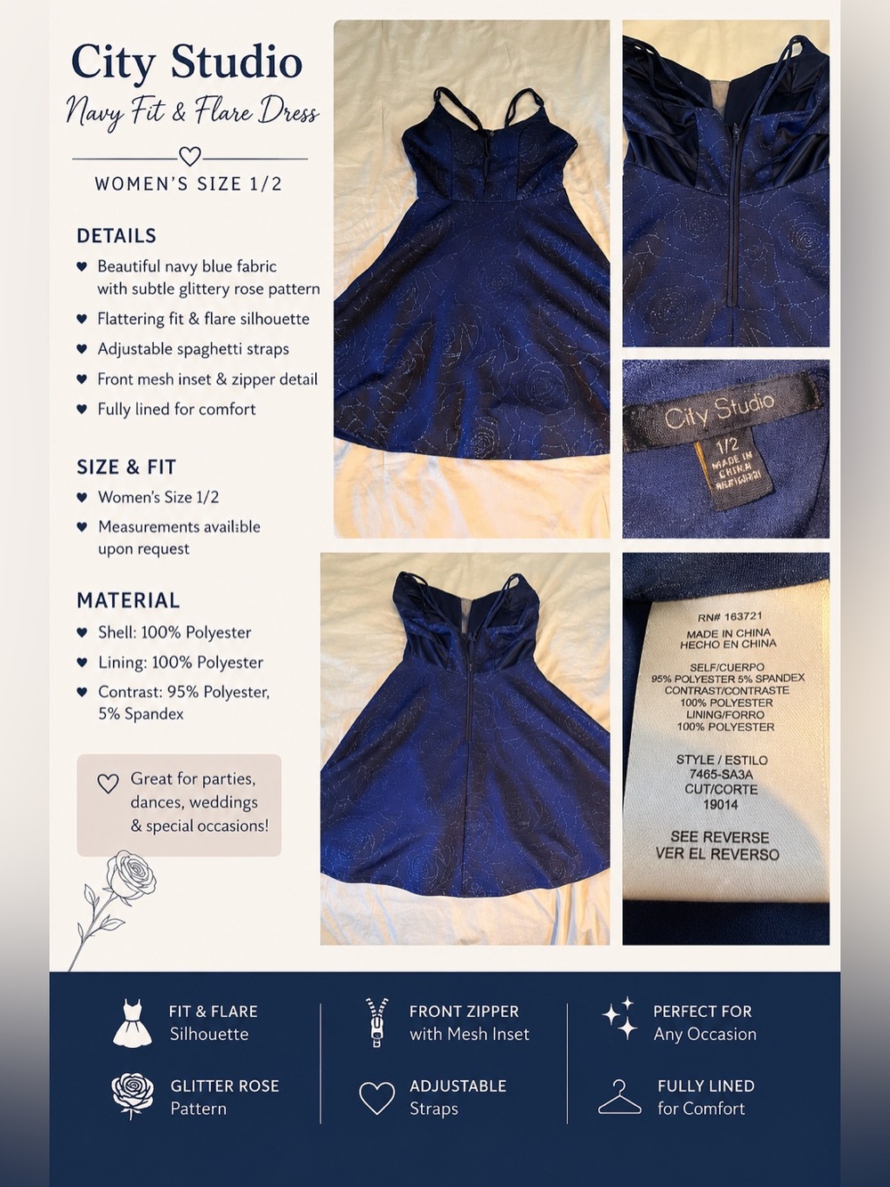 City Studio Navy Blue Glitter Rose Fit & Flare Mini Dress